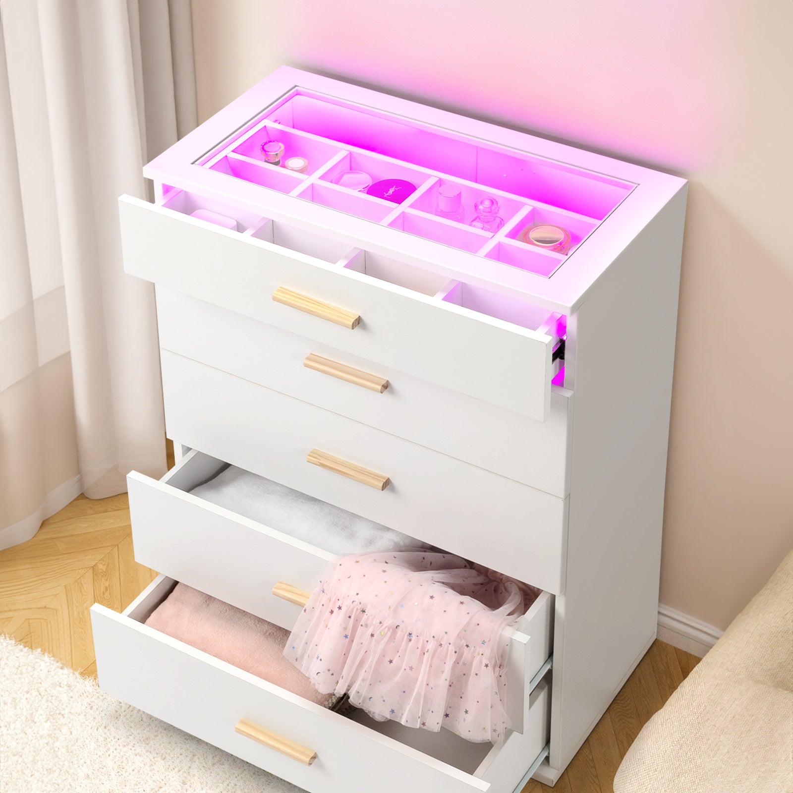 HAOYYE White Pitted Particleboard Drawer Cabinet with RGB LED Lights, 5 Drawers, Tempered Glass Panels, Modern Storage Solution,  Multifunctional Bedroom/Living Room Storage Unit