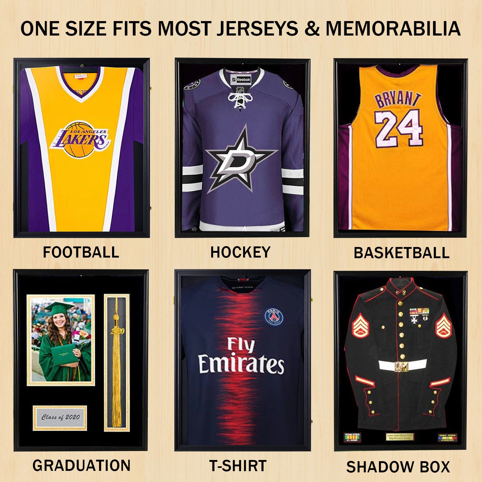HAOYYE Shirt Display Frame with UV Resistant Acrylic and Hanger Wall Mounted for Baseball Basketball Football Hockey Shirts Black Sturdy Design Durable Multifunctional Modern Home Organizer Storage Solution