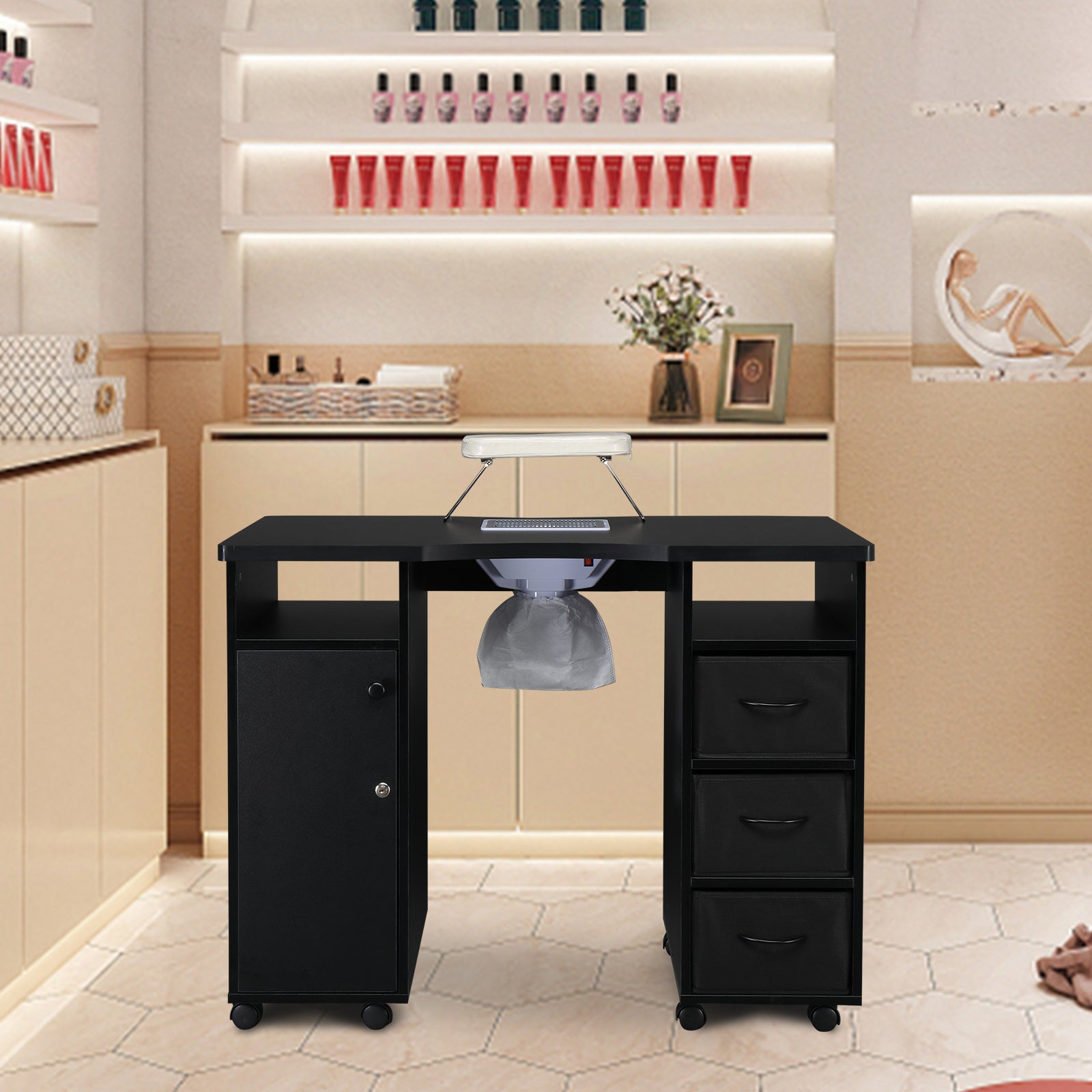 HAOYYE Manicure Table with Built-in Fan Double Cabinet Design 3 Drawers and 1 Door Nail Desk Black MDF Professional Nail Station for Salon Spa Beauty Studio Easy to Clean and Space-Saving