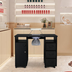 HAOYYE Manicure Table with Built-in Fan Double Cabinet Design 3 Drawers and 1 Door Nail Desk Black MDF Professional Nail Station for Salon Spa Beauty Studio Easy to Clean and Space-Saving