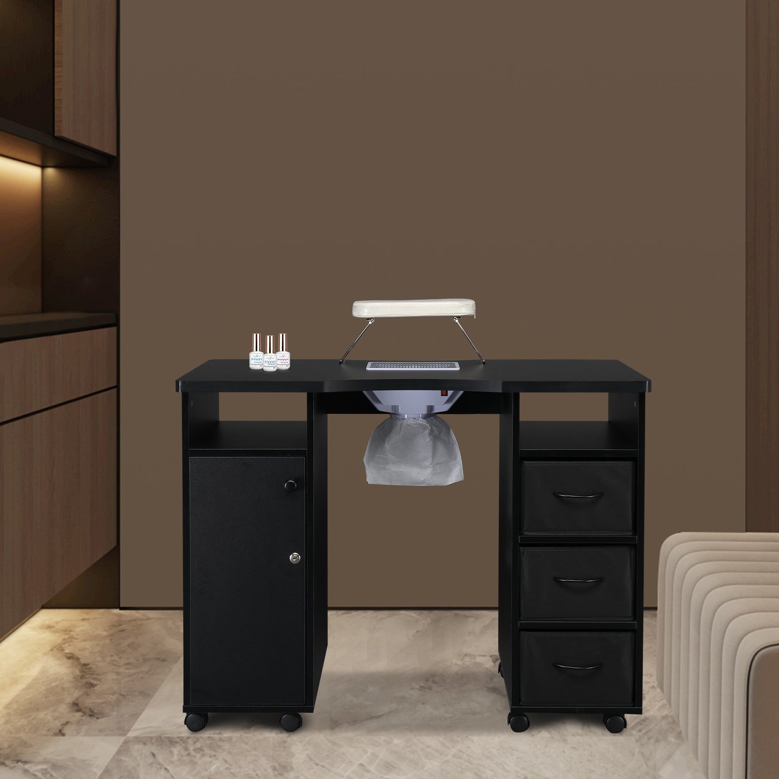 HAOYYE Manicure Table with Built-in Fan Double Cabinet Design 3 Drawers and 1 Door Nail Desk Black MDF Professional Nail Station for Salon Spa Beauty Studio Easy to Clean and Space-Saving