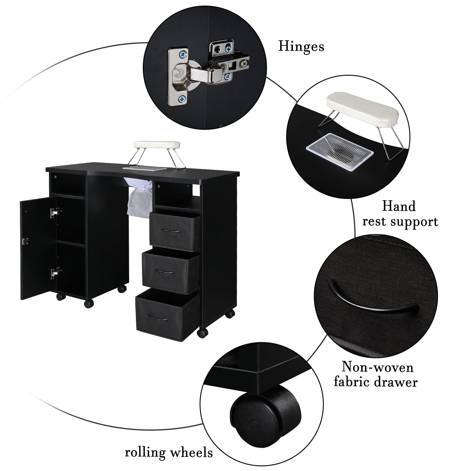 HAOYYE Manicure Table with Built-in Fan Double Cabinet Design 3 Drawers and 1 Door Nail Desk Black MDF Professional Nail Station for Salon Spa Beauty Studio Easy to Clean and Space-Saving
