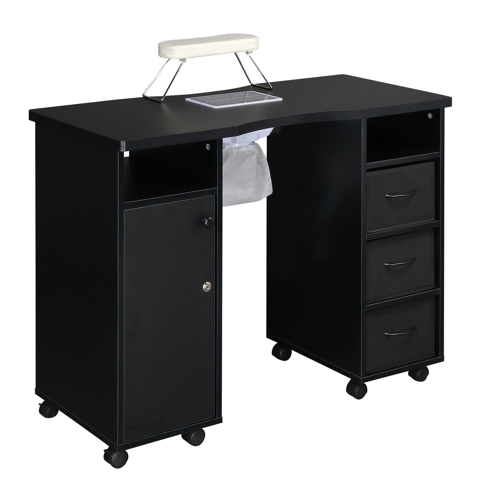 HAOYYE Manicure Table with Built-in Fan Double Cabinet Design 3 Drawers and 1 Door Nail Desk Black MDF Professional Nail Station for Salon Spa Beauty Studio Easy to Clean and Space-Saving