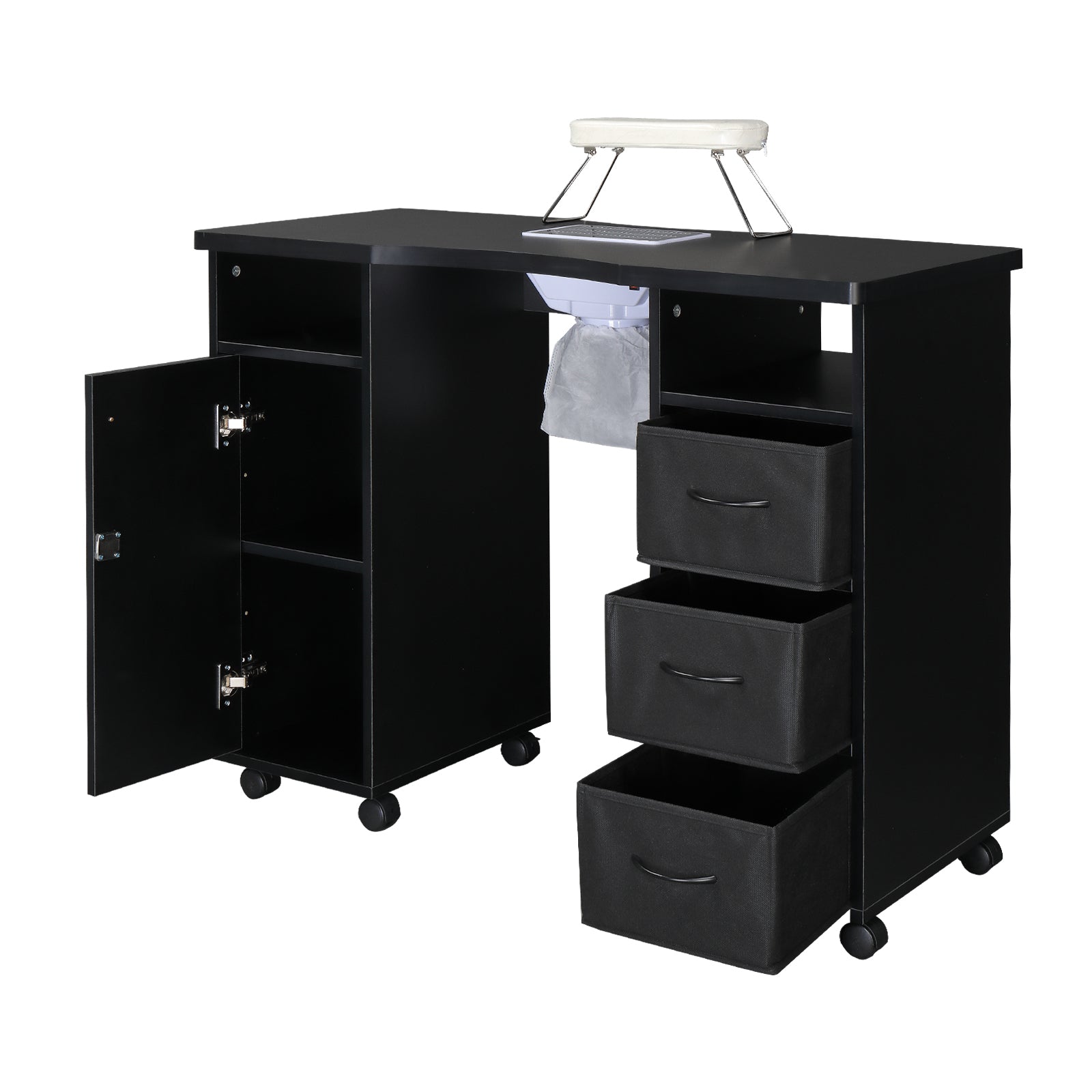 HAOYYE Manicure Table with Built-in Fan Double Cabinet Design 3 Drawers and 1 Door Nail Desk Black MDF Professional Nail Station for Salon Spa Beauty Studio Easy to Clean and Space-Saving