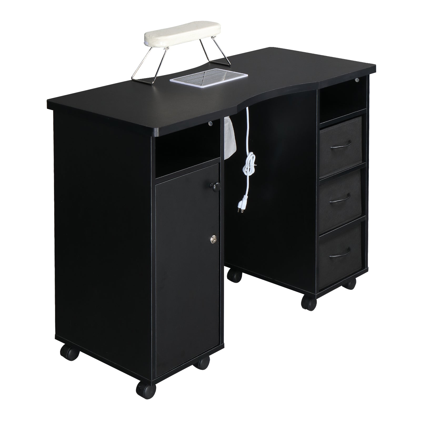 HAOYYE Manicure Table with Built-in Fan Double Cabinet Design 3 Drawers and 1 Door Nail Desk Black MDF Professional Nail Station for Salon Spa Beauty Studio Easy to Clean and Space-Saving
