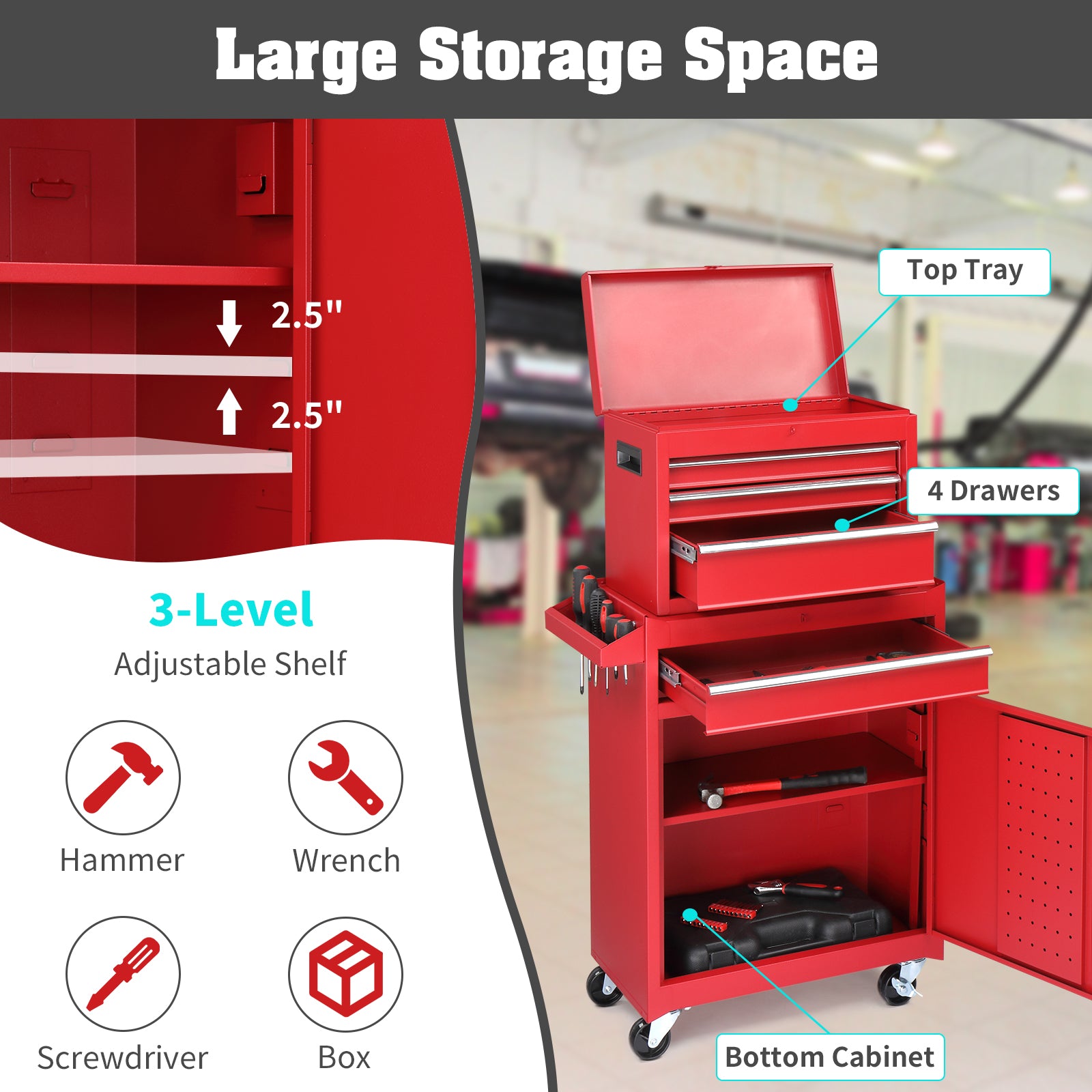 HAOYYE Red Repair Tool Cart Heavy Duty Rolling Utility Storage with Multiple Drawers and Lockable Wheels Portable Workshop Organizer for Mechanics Garage Construction Use