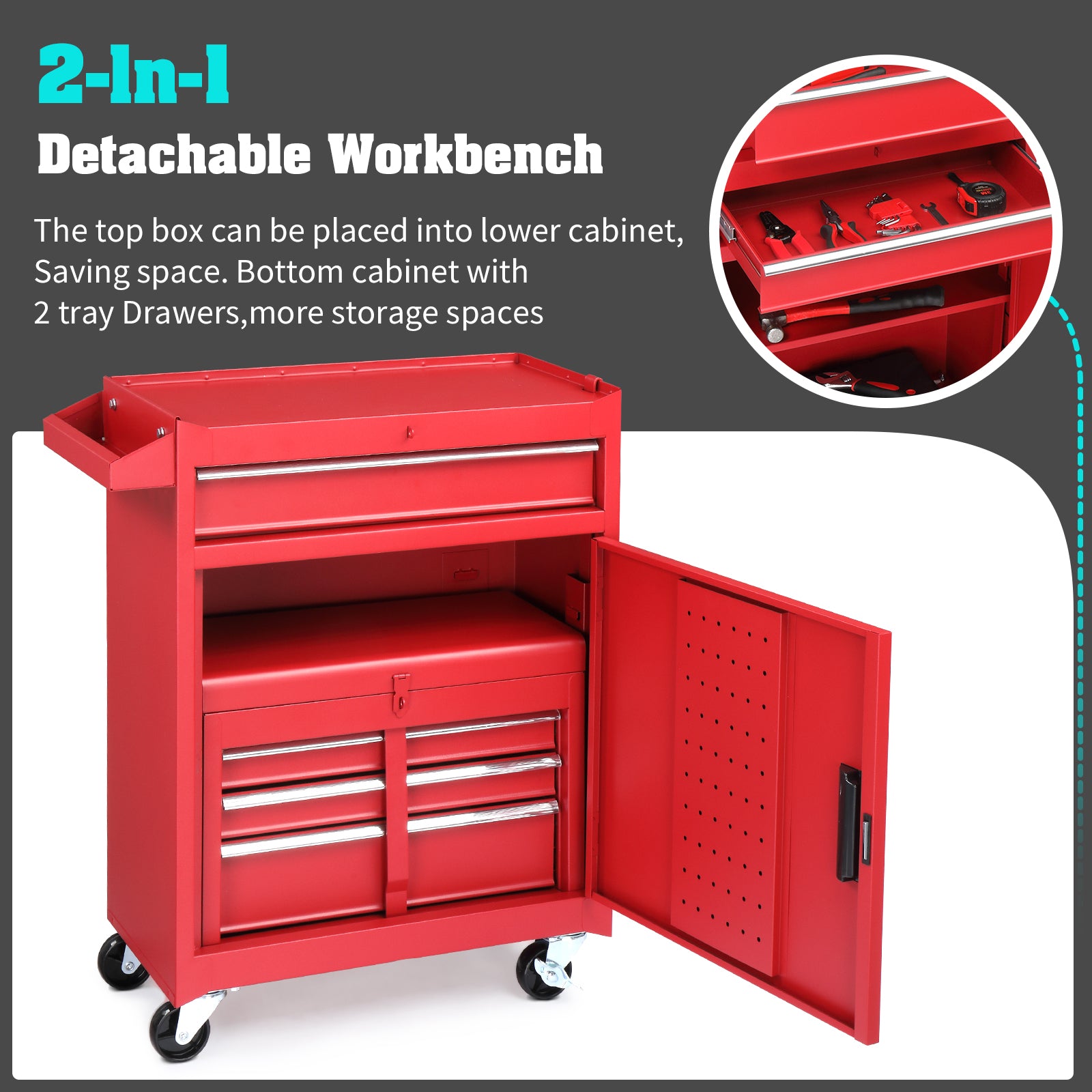 HAOYYE Red Repair Tool Cart Heavy Duty Rolling Utility Storage with Multiple Drawers and Lockable Wheels Portable Workshop Organizer for Mechanics Garage Construction Use