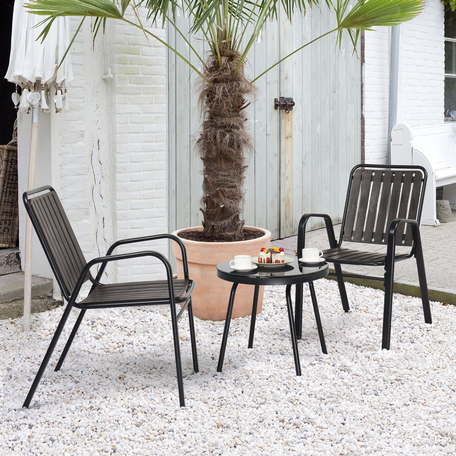 HAOYYE 3 Piece Patio Bistro Table Set Outdoor Furniture Set with 2 Stackable Dining Chairs and Glass Top Table Weather Resistant Black Metal Frame and Coffee PP Slats for Yard Balcony Porch Deck
