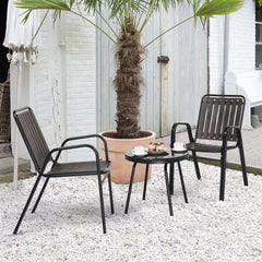 HAOYYE 3 Piece Patio Bistro Table Set Outdoor Furniture Set with 2 Stackable Dining Chairs and Glass Top Table Weather Resistant Black Metal Frame and Coffee PP Slats for Yard Balcony Porch Deck