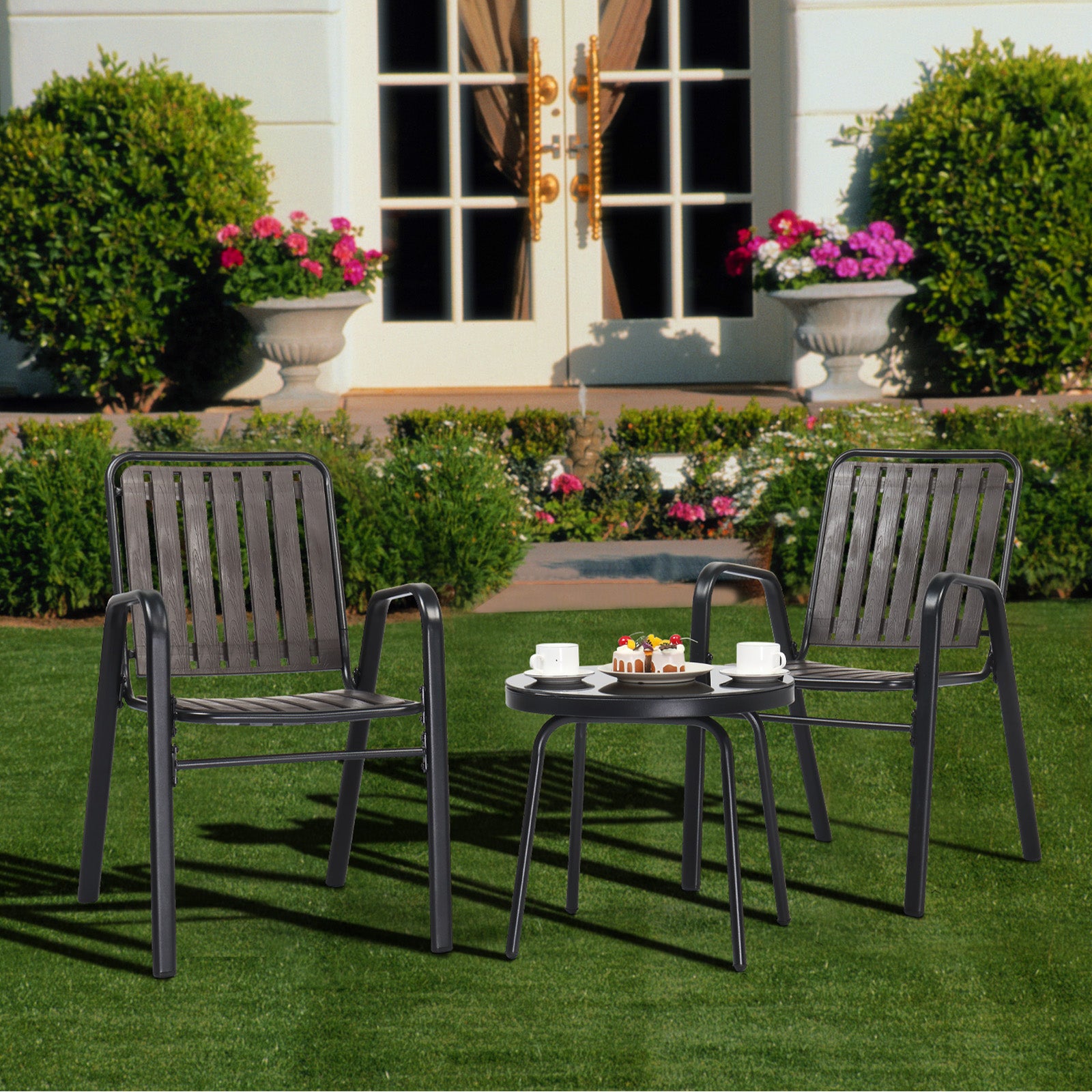 HAOYYE 3 Piece Patio Bistro Table Set Outdoor Furniture Set with 2 Stackable Dining Chairs and Glass Top Table Weather Resistant Black Metal Frame and Coffee PP Slats for Yard Balcony Porch Deck