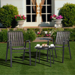 HAOYYE 3 Piece Patio Bistro Table Set Outdoor Furniture Set with 2 Stackable Dining Chairs and Glass Top Table Weather Resistant Black Metal Frame and Coffee PP Slats for Yard Balcony Porch Deck