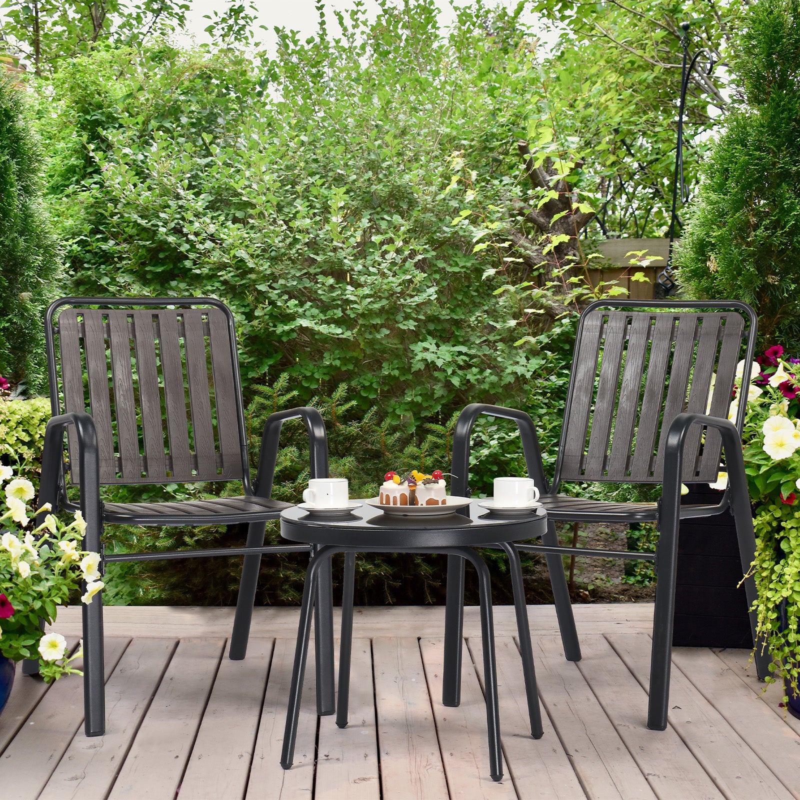 HAOYYE 3 Piece Patio Bistro Table Set Outdoor Furniture Set with 2 Stackable Dining Chairs and Glass Top Table Weather Resistant Black Metal Frame and Coffee PP Slats for Yard Balcony Porch Deck
