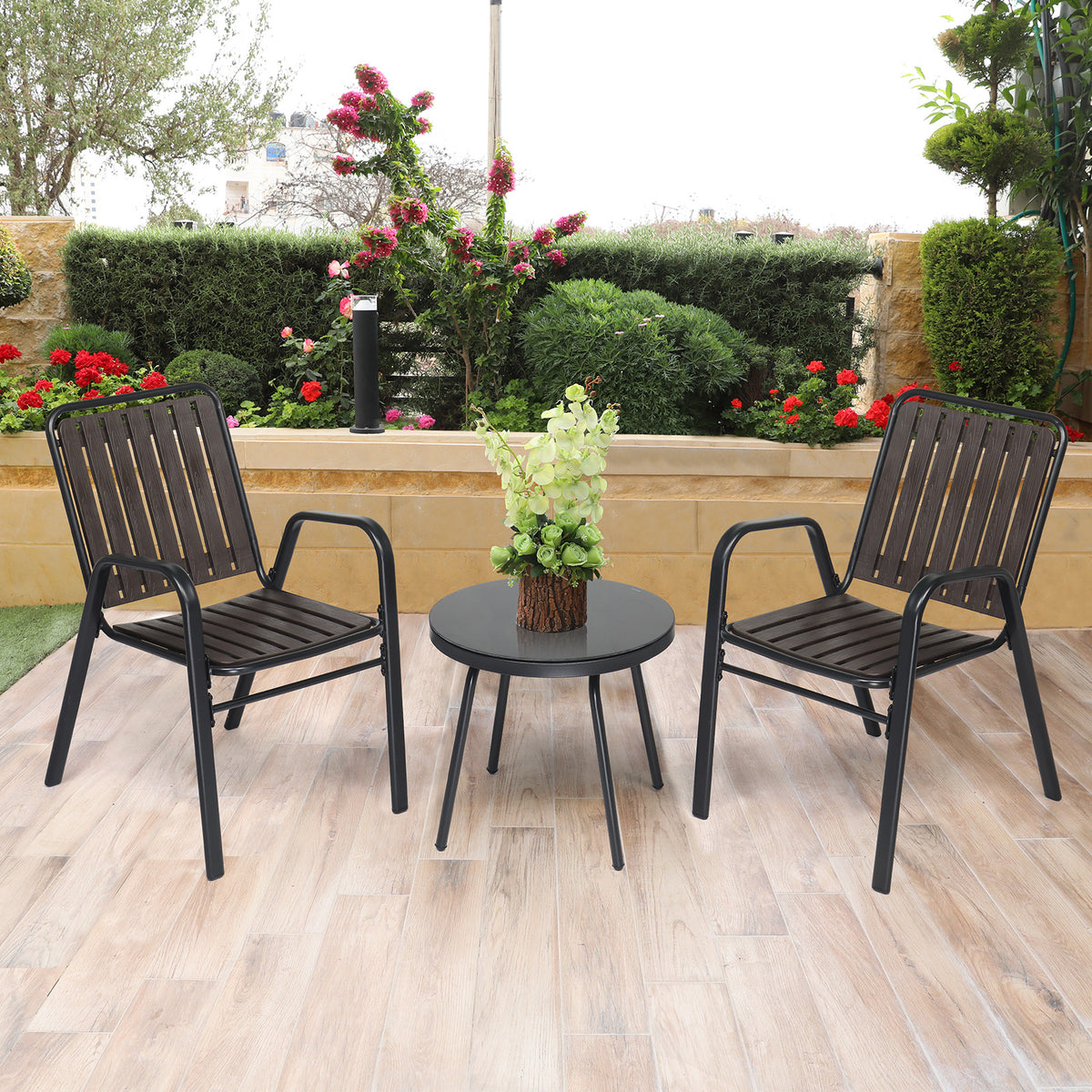 HAOYYE 3 Piece Patio Bistro Table Set Outdoor Furniture Set with 2 Stackable Dining Chairs and Glass Top Table Weather Resistant Black Metal Frame and Coffee PP Slats for Yard Balcony Porch Deck