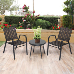 HAOYYE 3 Piece Patio Bistro Table Set Outdoor Furniture Set with 2 Stackable Dining Chairs and Glass Top Table Weather Resistant Black Metal Frame and Coffee PP Slats for Yard Balcony Porch Deck