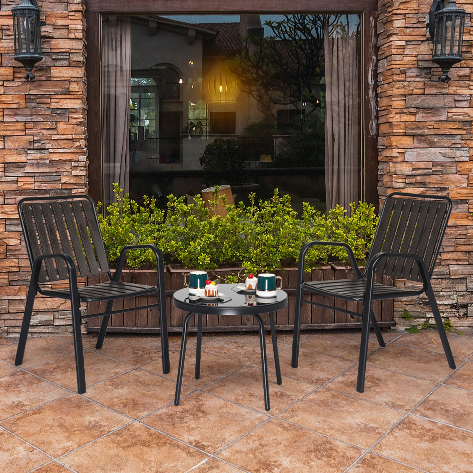 HAOYYE 3 Piece Patio Bistro Table Set Outdoor Furniture Set with 2 Stackable Dining Chairs and Glass Top Table Weather Resistant Black Metal Frame and Coffee PP Slats for Yard Balcony Porch Deck