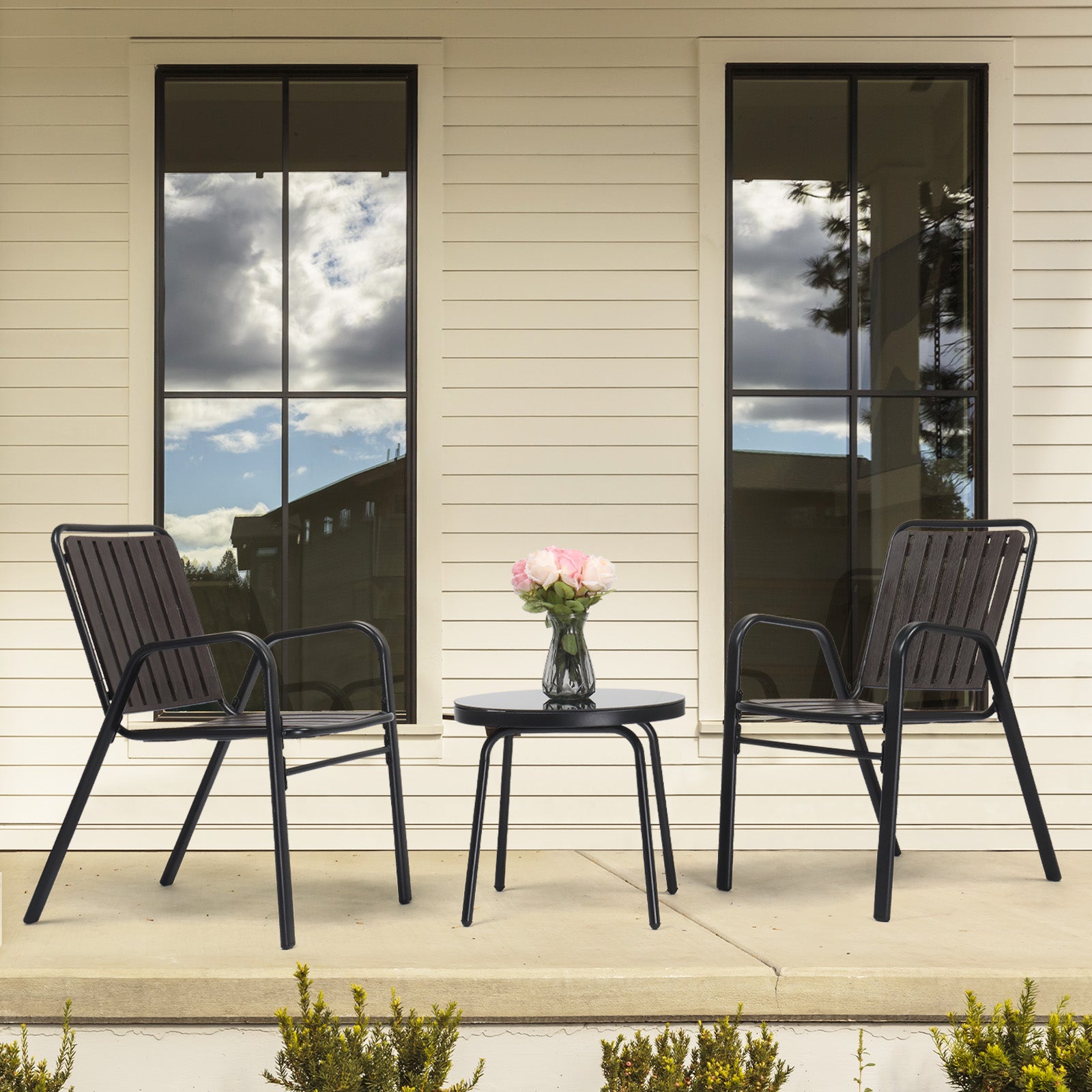 HAOYYE 3 Piece Patio Bistro Table Set Outdoor Furniture Set with 2 Stackable Dining Chairs and Glass Top Table Weather Resistant Black Metal Frame and Coffee PP Slats for Yard Balcony Porch Deck