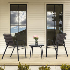 HAOYYE 3 Piece Patio Bistro Table Set Outdoor Furniture Set with 2 Stackable Dining Chairs and Glass Top Table Weather Resistant Black Metal Frame and Coffee PP Slats for Yard Balcony Porch Deck