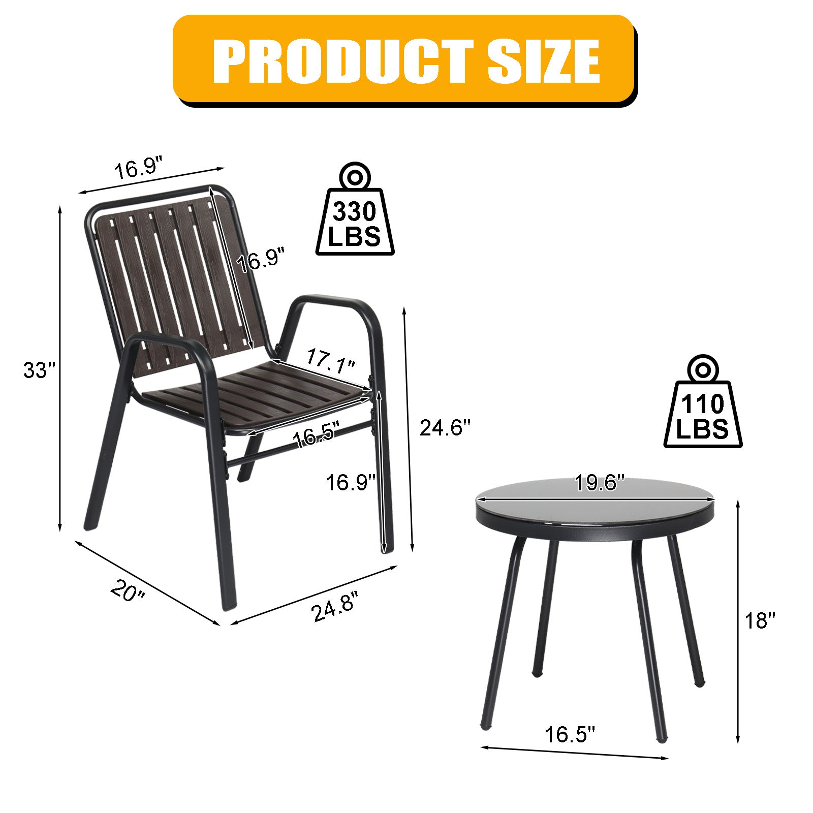 HAOYYE 3 Piece Patio Bistro Table Set Outdoor Furniture Set with 2 Stackable Dining Chairs and Glass Top Table Weather Resistant Black Metal Frame and Coffee PP Slats for Yard Balcony Porch Deck