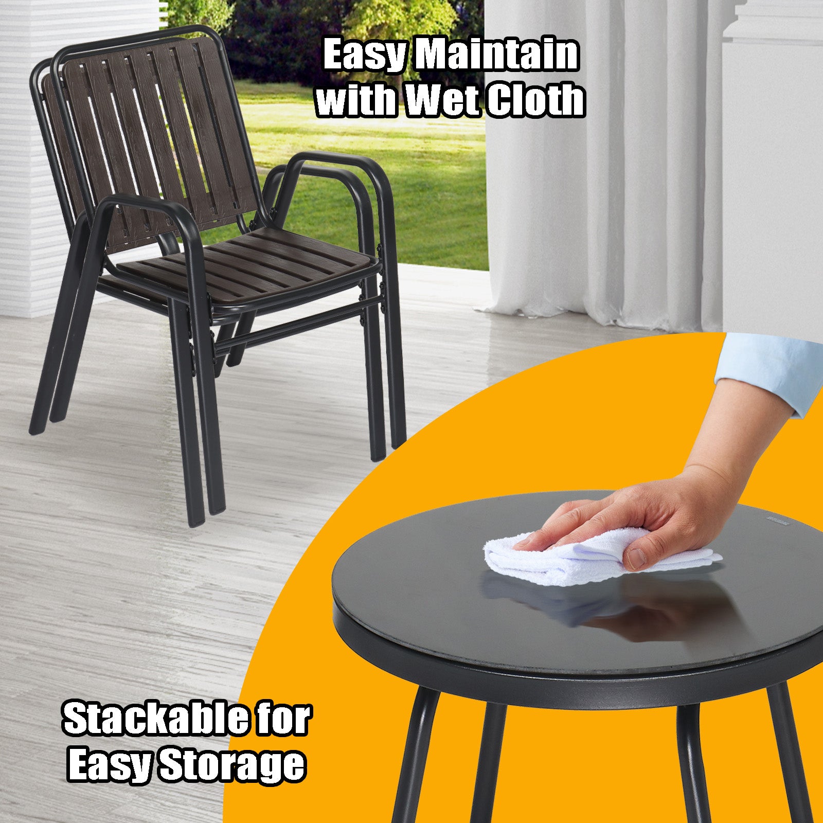 HAOYYE 3 Piece Patio Bistro Table Set Outdoor Furniture Set with 2 Stackable Dining Chairs and Glass Top Table Weather Resistant Black Metal Frame and Coffee PP Slats for Yard Balcony Porch Deck