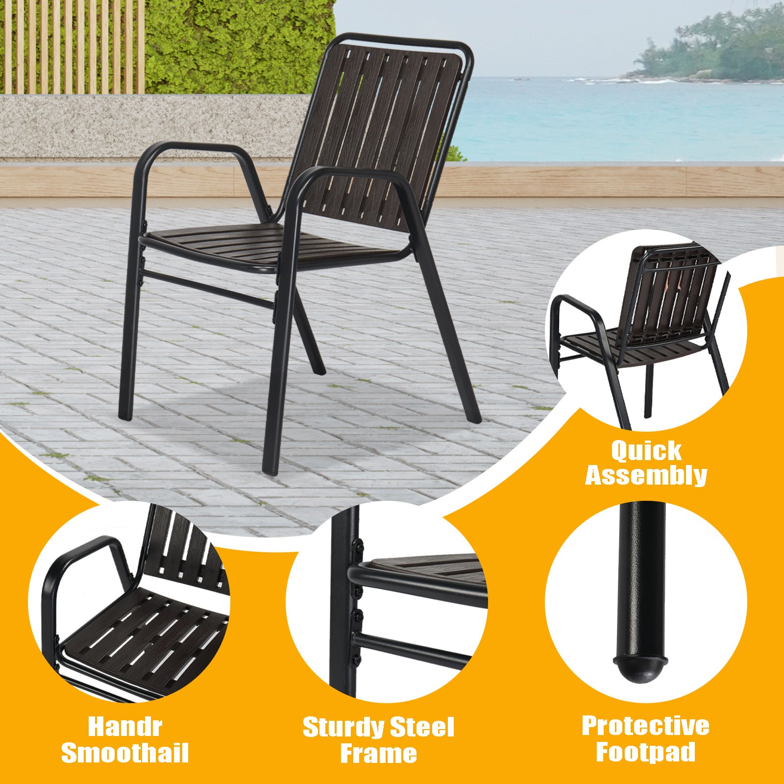 HAOYYE 3 Piece Patio Bistro Table Set Outdoor Furniture Set with 2 Stackable Dining Chairs and Glass Top Table Weather Resistant Black Metal Frame and Coffee PP Slats for Yard Balcony Porch Deck