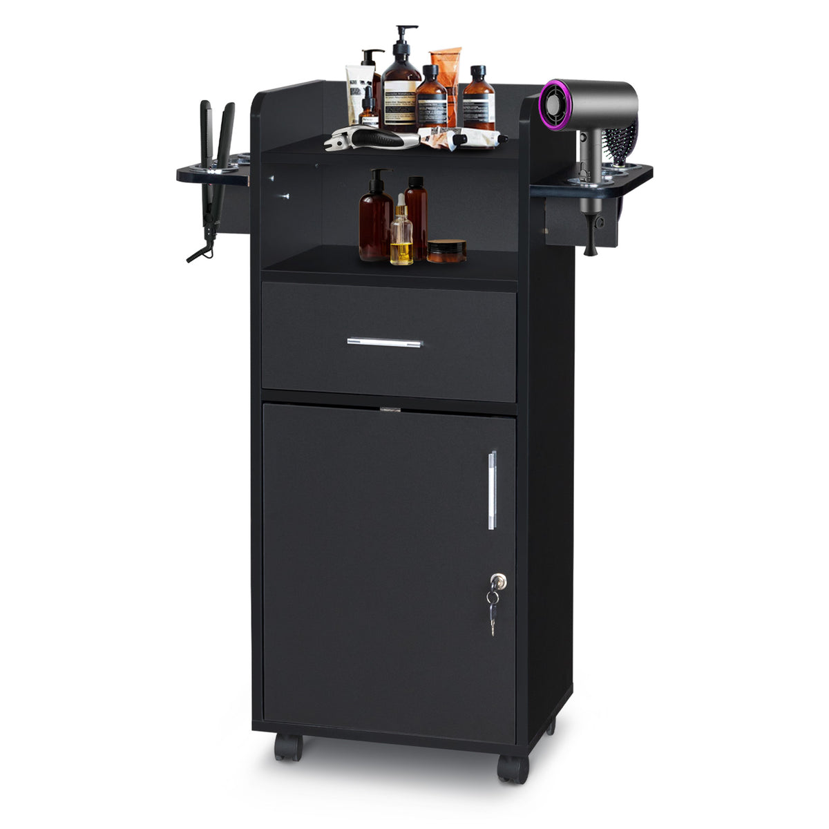 HAOYYE Beauty Salon Trolley Cart With 360° Swivel Wheels, Spacious Lockable Cabinet, Six Tool Holders For Heated Styling Tools, Smooth Rolling Salon Station Cart With Drawer For Organized Storage And Easy Mobility