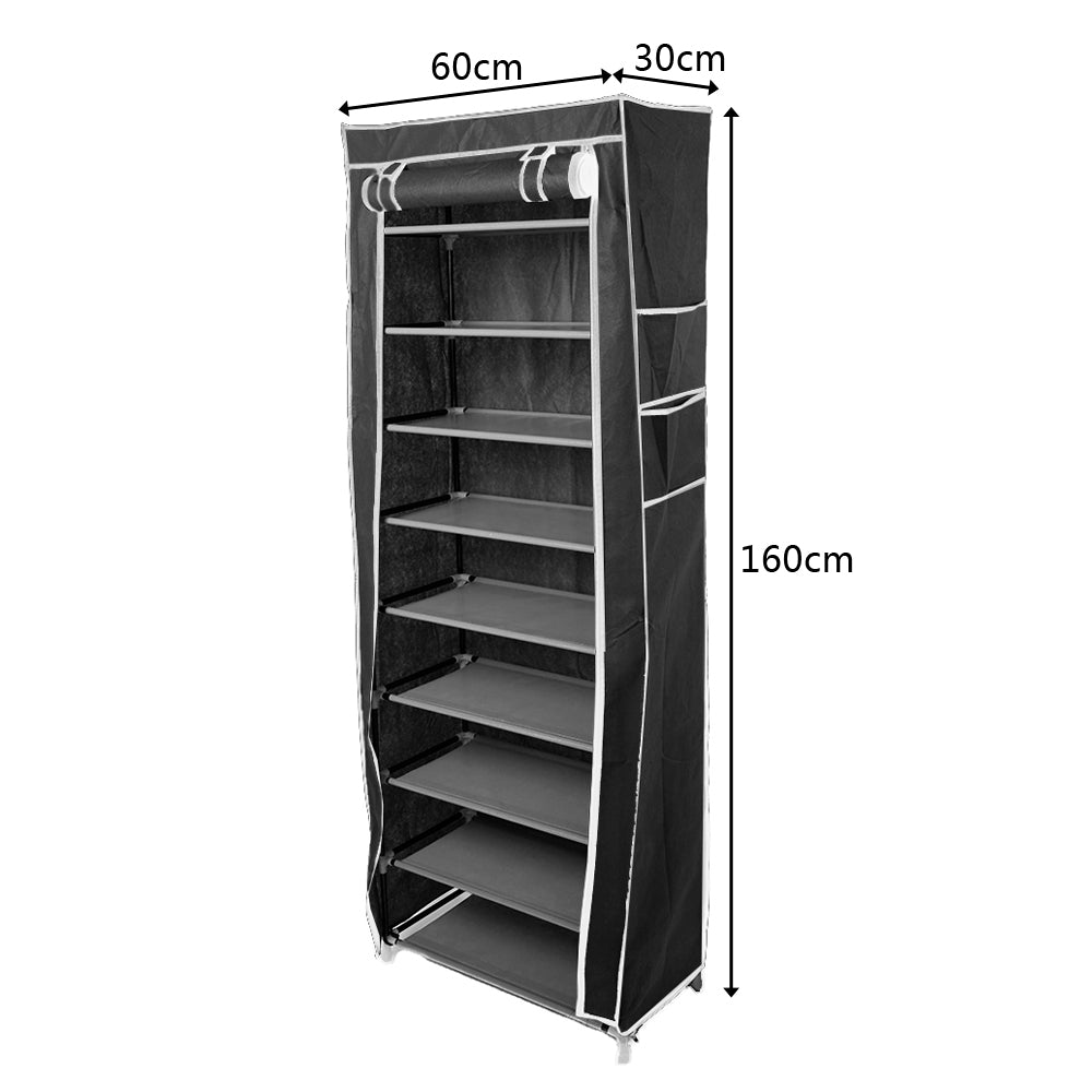 DE Direct HAOYYE Space-Saving Shoe Rack with 10 Tiers and 9 Lattices Non-Woven Fabric Cover Freestanding Shoe Storage Organizer for Entryway Closet Bedroom with Dustproof Design and Sturdy Frame Easy to Assemble Black