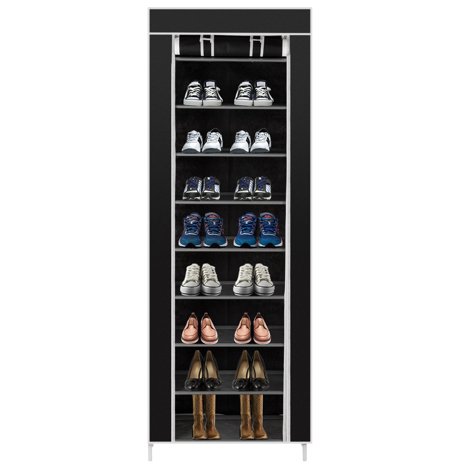 HAOYYE Room-Saving 10-Layer Shoe Rack, 9 Lattices Non-Woven Fabric, Black Soft Cozy Warm Flannel Fleece, Luxury Home Decor, Premium Quality, Space-Saving, Decorative & Comfortable Storage Solution for Shoes, Boots, Sneakers