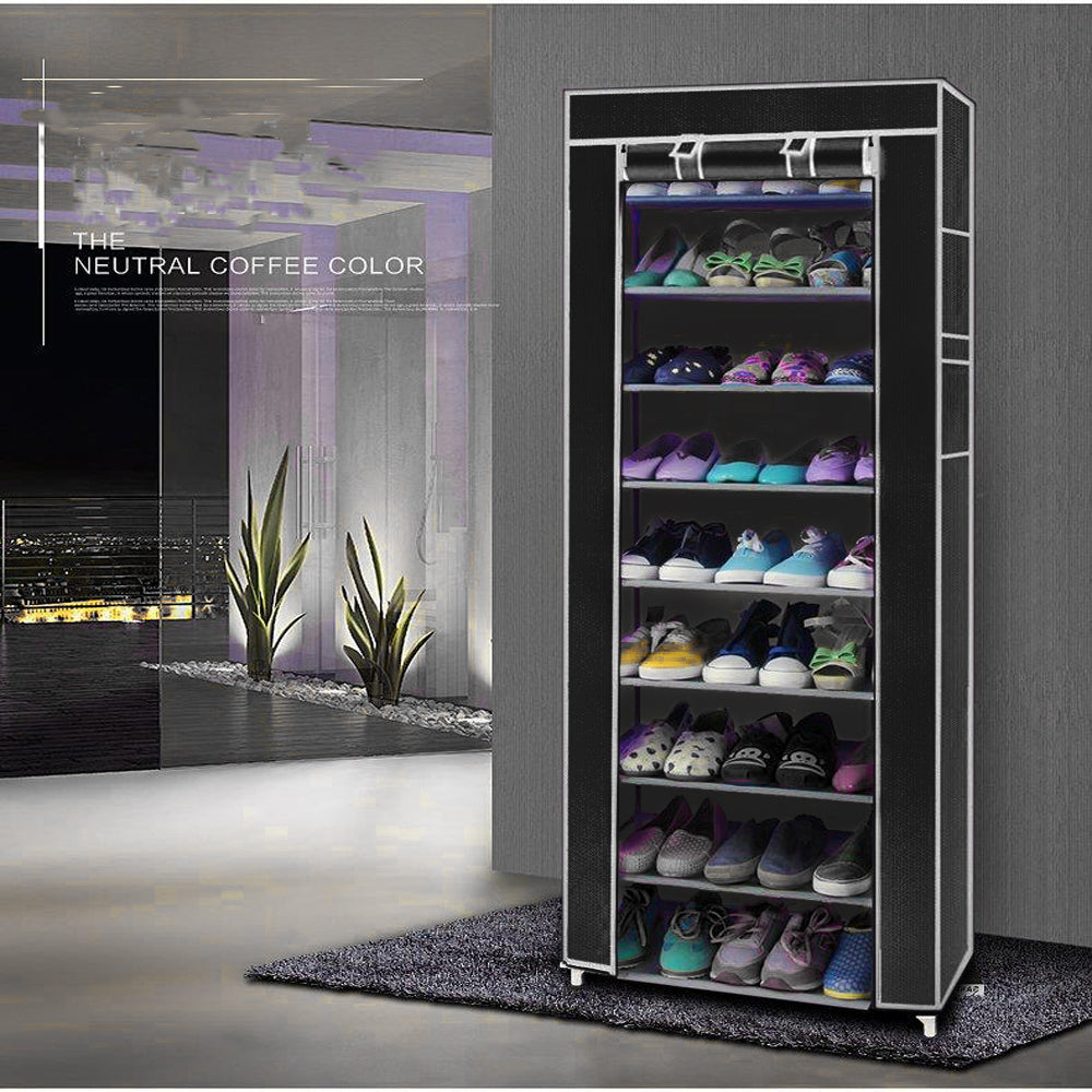 DE Direct HAOYYE Space-Saving Shoe Rack with 10 Tiers and 9 Lattices Non-Woven Fabric Cover Freestanding Shoe Storage Organizer for Entryway Closet Bedroom with Dustproof Design and Sturdy Frame Easy to Assemble Black