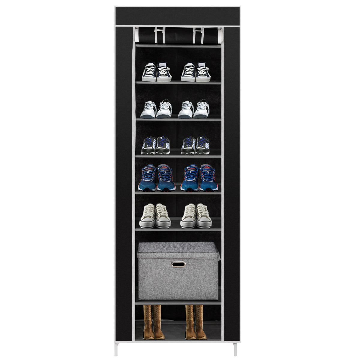 DE Direct HAOYYE Space-Saving Shoe Rack with 10 Tiers and 9 Lattices Non-Woven Fabric Cover Freestanding Shoe Storage Organizer for Entryway Closet Bedroom with Dustproof Design and Sturdy Frame Easy to Assemble Black