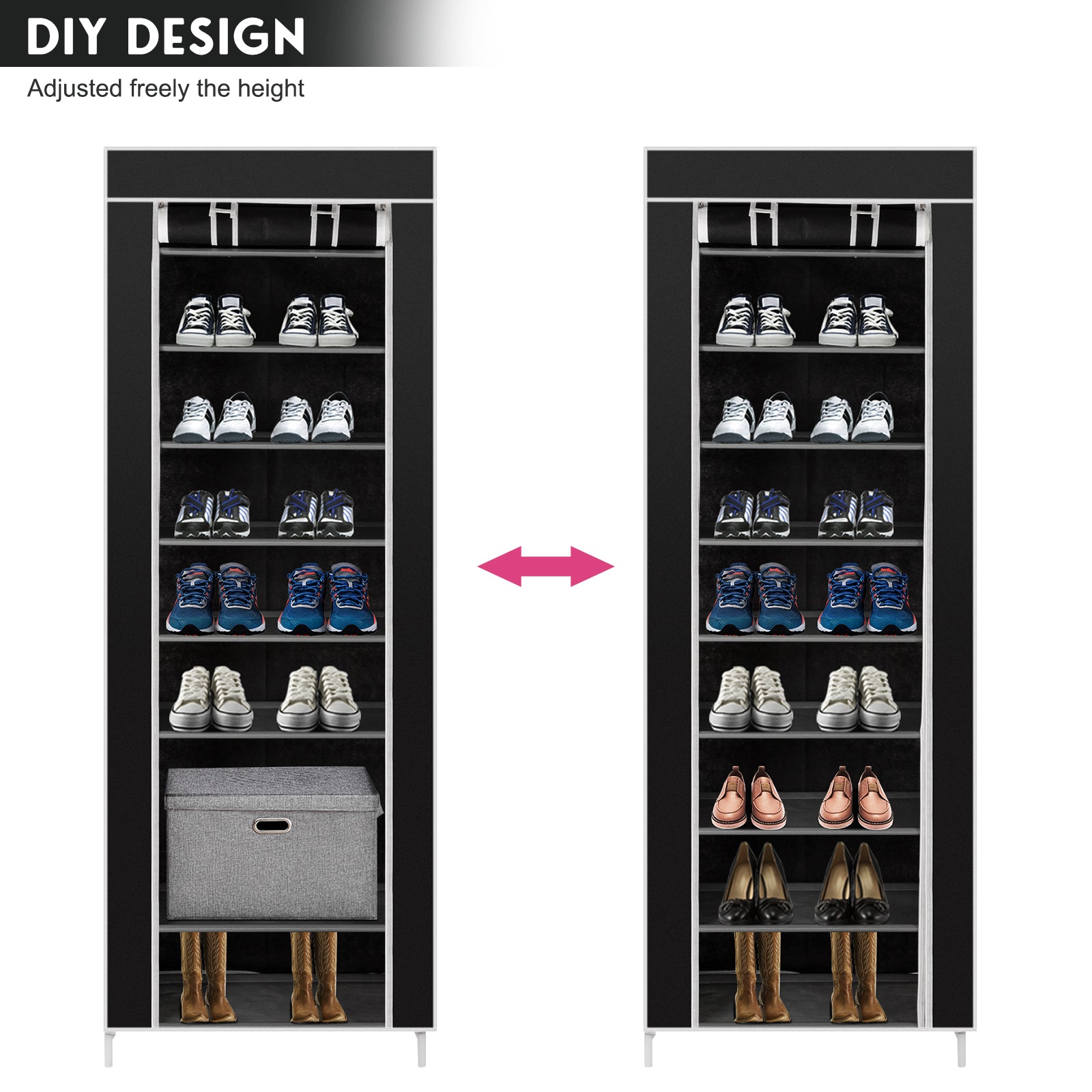 DE Direct HAOYYE Space-Saving Shoe Rack with 10 Tiers and 9 Lattices Non-Woven Fabric Cover Freestanding Shoe Storage Organizer for Entryway Closet Bedroom with Dustproof Design and Sturdy Frame Easy to Assemble Black