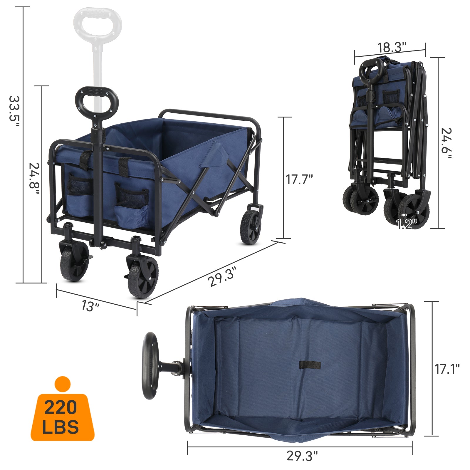 HAOYYE Heavy Duty Folding Utility Cart with Steel Frame and Oxford Fabric, 220lbs Load Capacity, Space-Saving Garden Wagon Trolley with Handle for Outdoor, Patio, Lawn