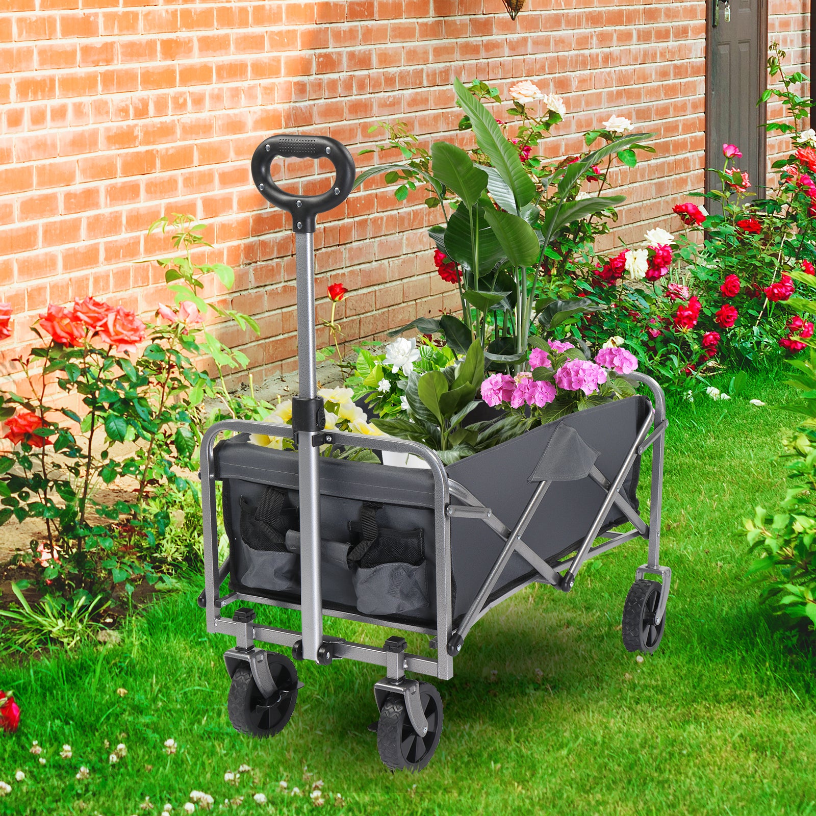 HAOYYE Garden Folding Cart with 600D Oxford Fabric, Heavy Duty Collapsible Utility Wagon with Steel Frame and Armrest, Space-Saving Flat Fold Design, Lightweight Storage Trolley for Outdoor Use