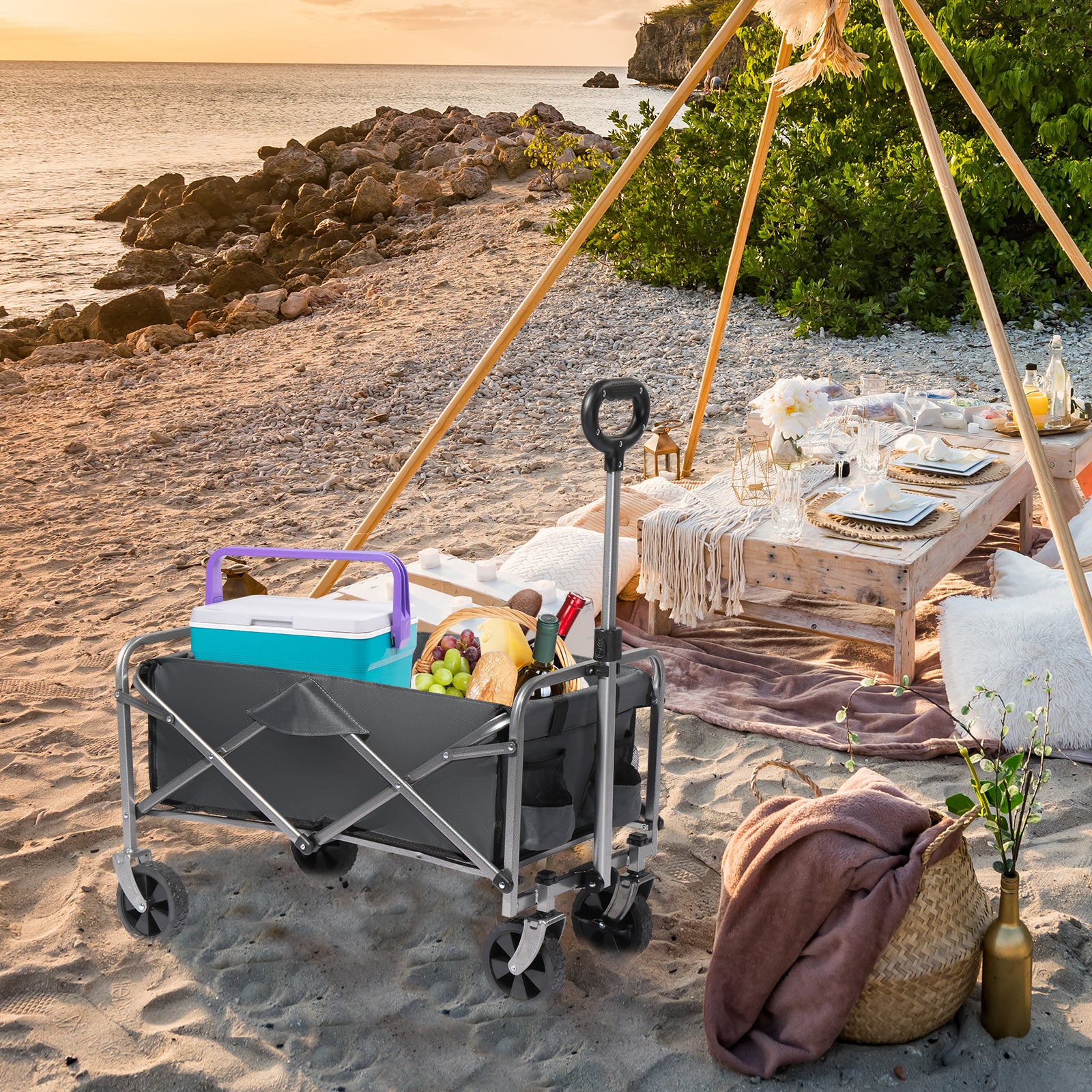 HAOYYE Garden Folding Cart with 600D Oxford Fabric, Heavy Duty Collapsible Utility Wagon with Steel Frame and Armrest, Space-Saving Flat Fold Design, Lightweight Storage Trolley for Outdoor Use