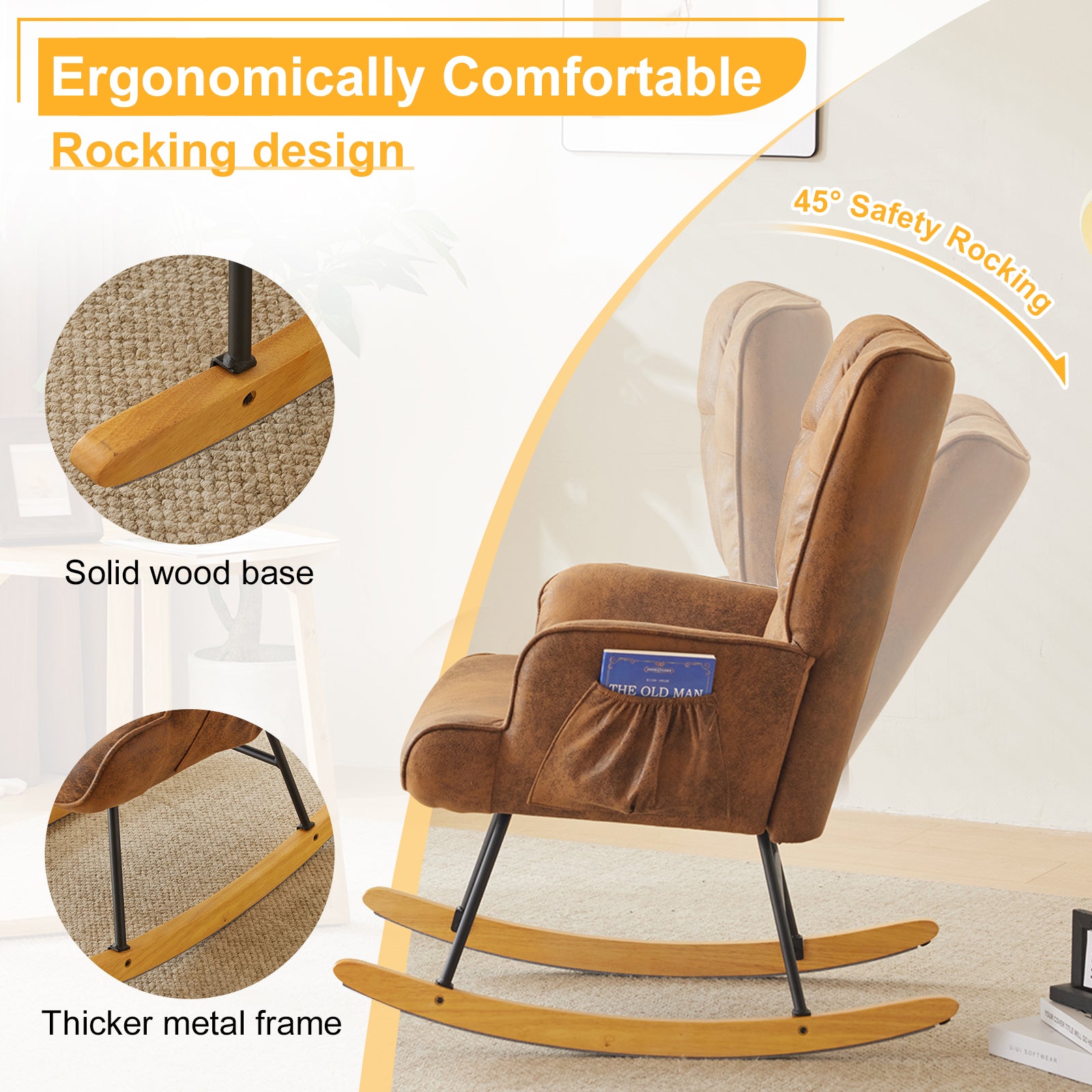 HAOYYE Upholstered Glider Rocking Chair With High Backrest, Stylish Modern Rocker Recliner For Living Room Nursery Bedroom, Comfortable And Durable Accent Chair In Brown, Perfect For Relaxation And Home Decor