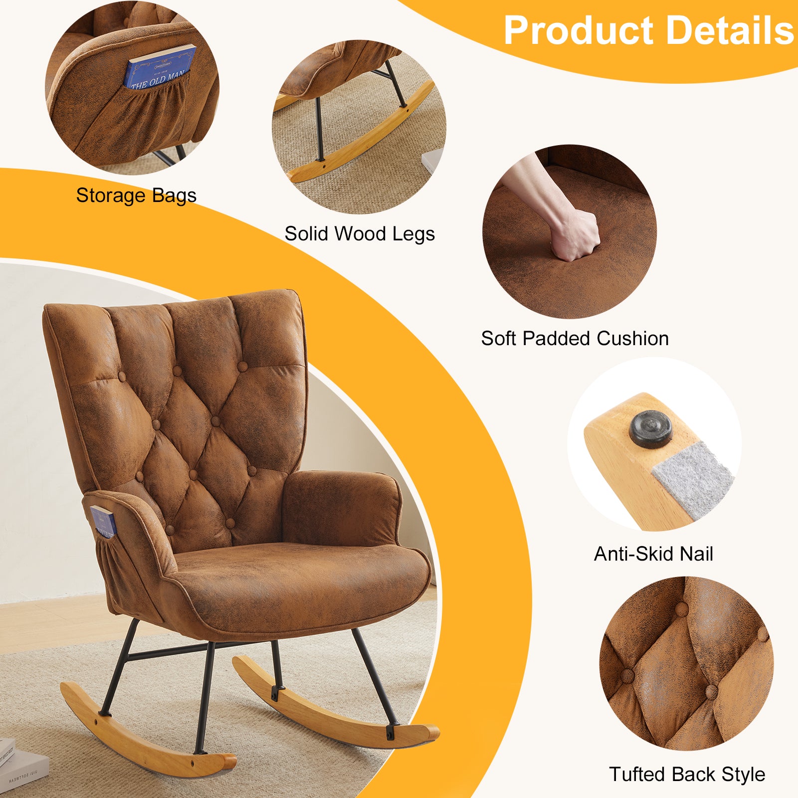 HAOYYE Upholstered Glider Rocking Chair With High Backrest, Stylish Modern Rocker Recliner For Living Room Nursery Bedroom, Comfortable And Durable Accent Chair In Brown, Perfect For Relaxation And Home Decor