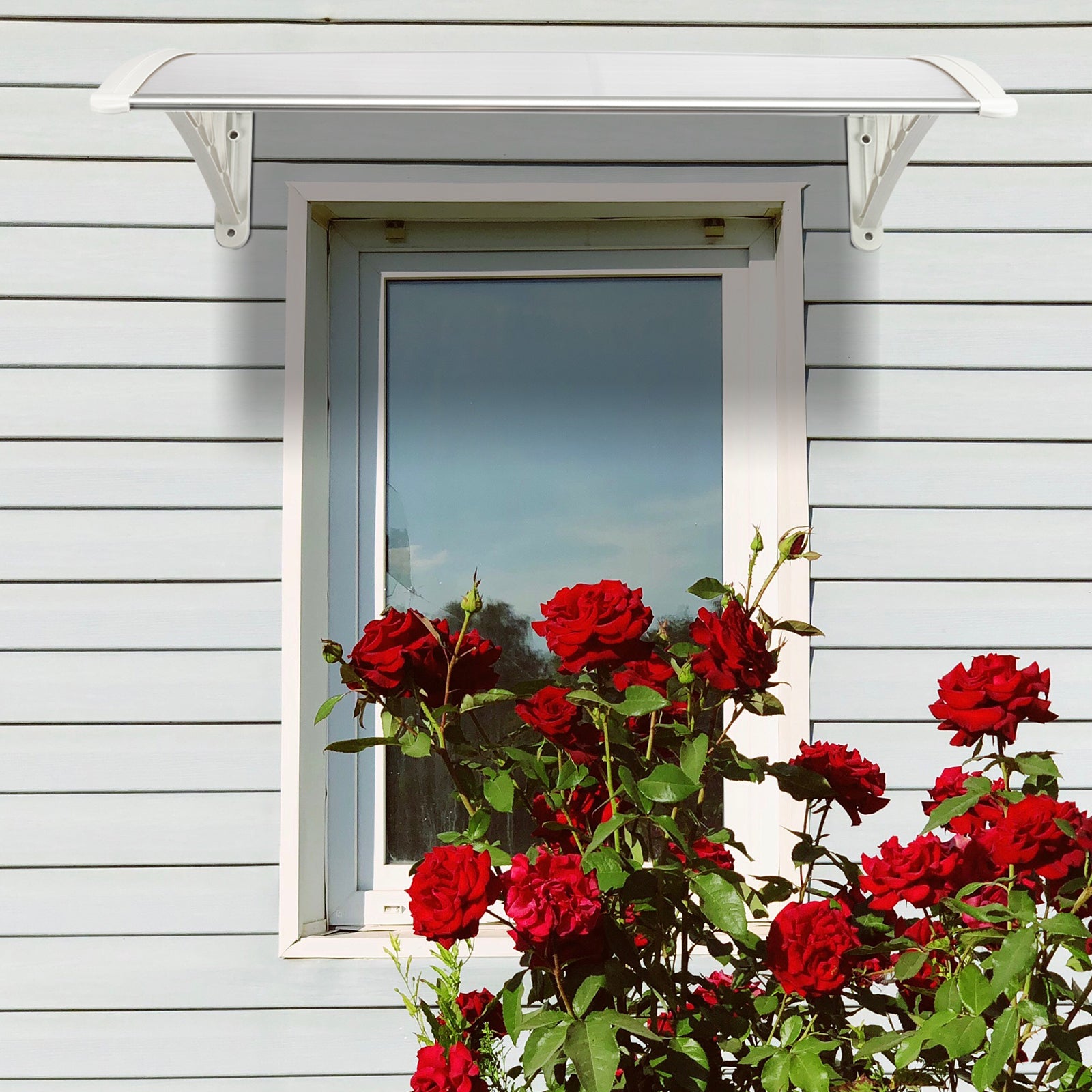 HAOYYE Household Door and Window Rain Cover with Transparent Board and White Holder, Weatherproof Eaves Protection for Home Outdoor Use, Durable Clear Shield to Keep Rain Out and Maintain Visibility