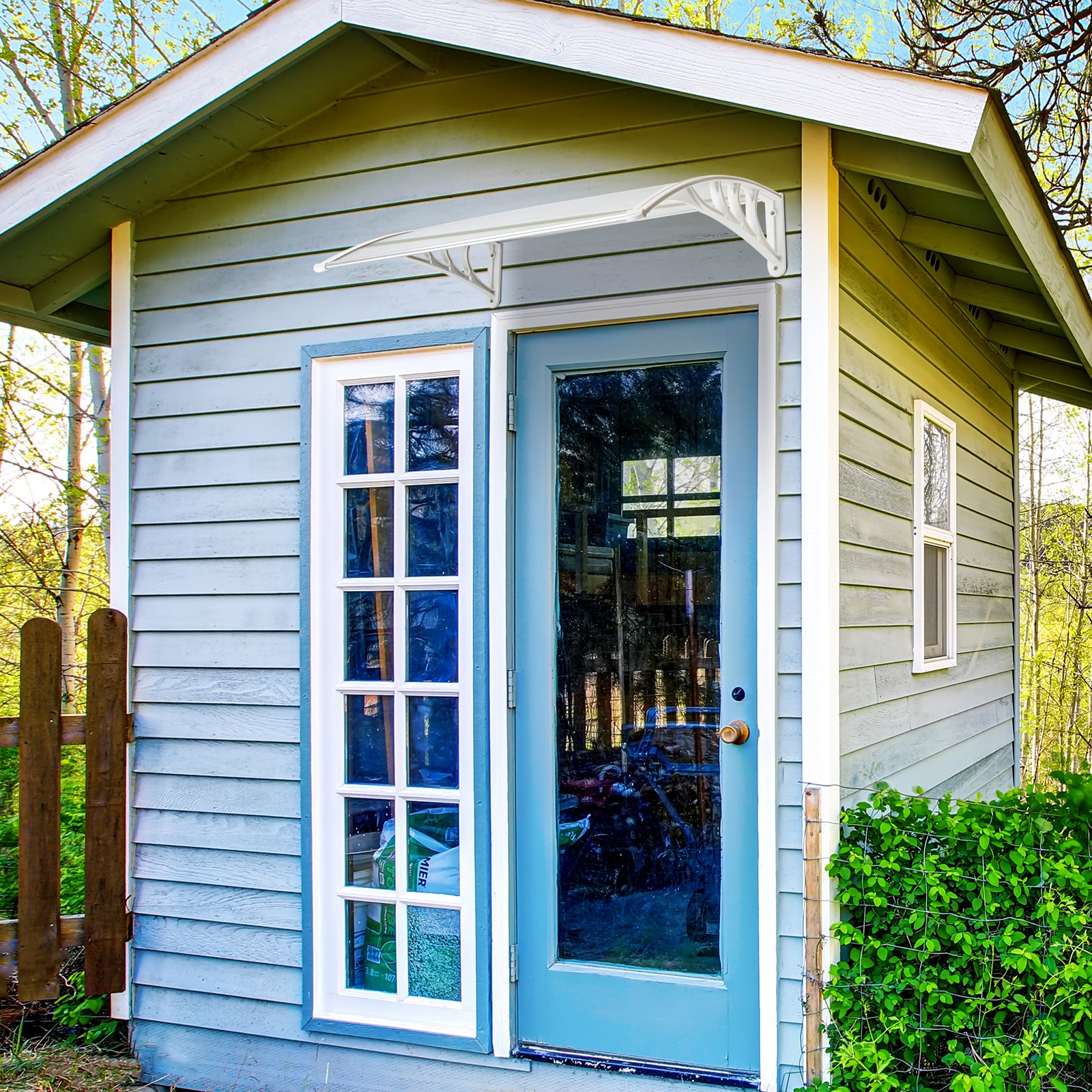 HAOYYE Household Door and Window Rain Cover with Transparent Board and White Holder, Weatherproof Eaves Protection for Home Outdoor Use, Durable Clear Shield to Keep Rain Out and Maintain Visibility