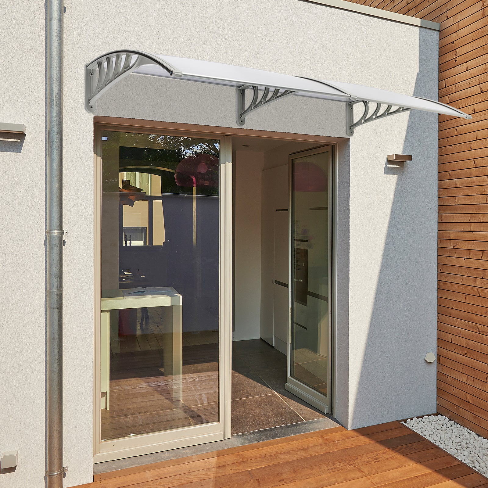 HAOYYE Door and Window Rain Cover Awning 200 x 100 Silver Polycarbonate Canopy with Gray Brackets Outdoor Eaves Shelter for Front Door Balcony Porch Entryway Weather Protection Durable Decorative Design