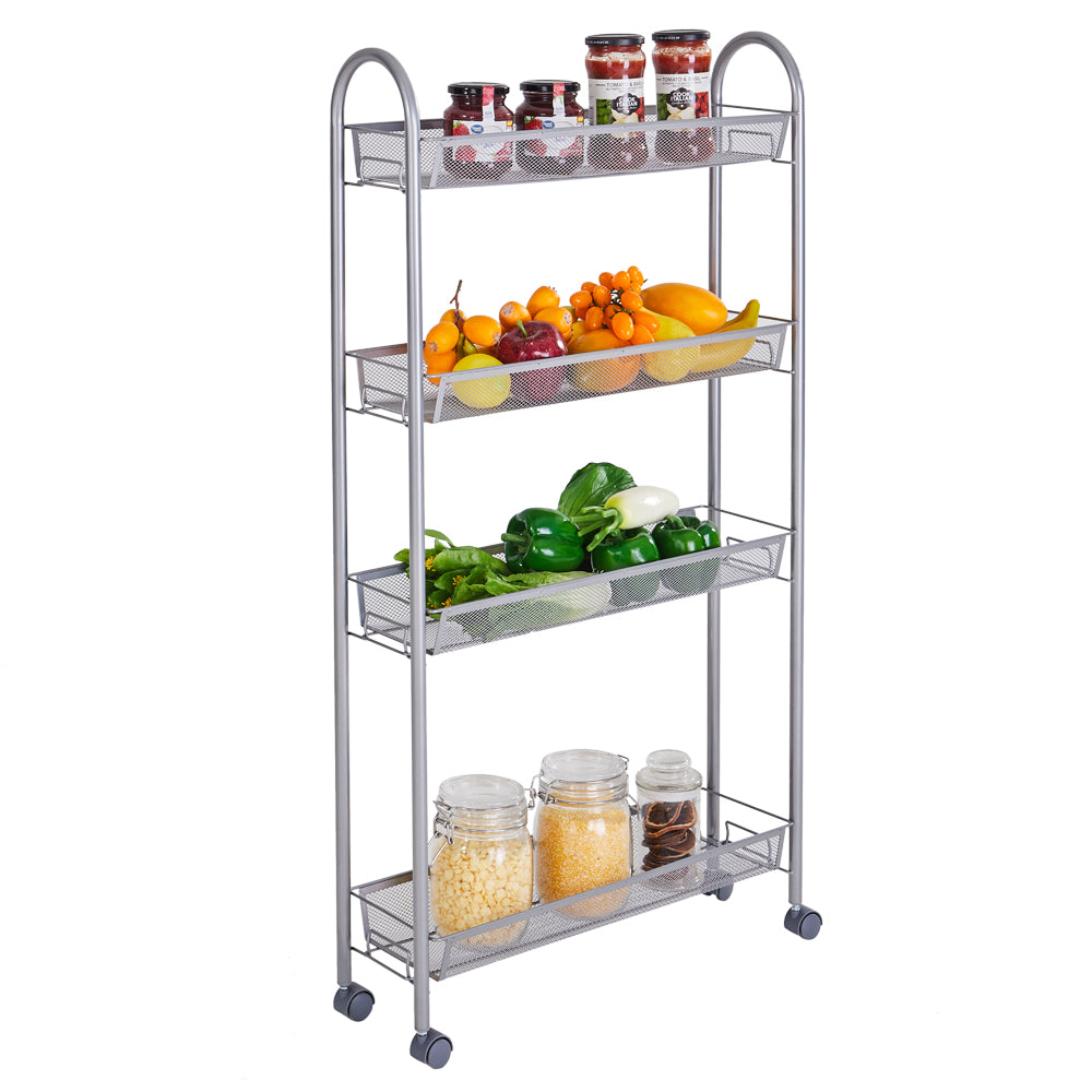 HAOYYE Honeycomb Mesh Style Four-Layer Removable Storage Cart – Durable Silver Rolling Cart With Spacious Shelves For Kitchen, Bathroom, Bedroom, And Office Organization – Heavy-Duty Carbon Steel Construction, Easy To Move, Space-Saving Design