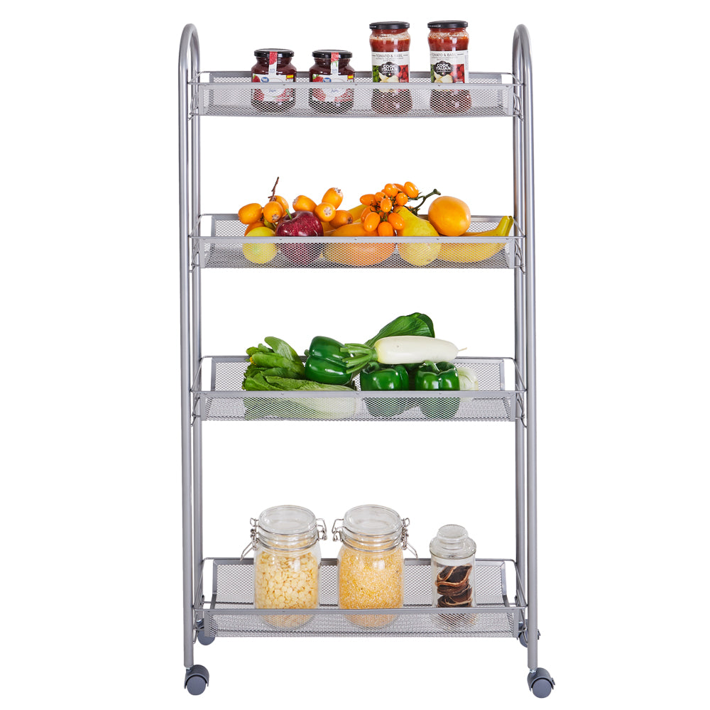 HAOYYE Honeycomb Mesh Style Four-Layer Removable Storage Cart – Durable Silver Rolling Cart With Spacious Shelves For Kitchen, Bathroom, Bedroom, And Office Organization – Heavy-Duty Carbon Steel Construction, Easy To Move, Space-Saving Design