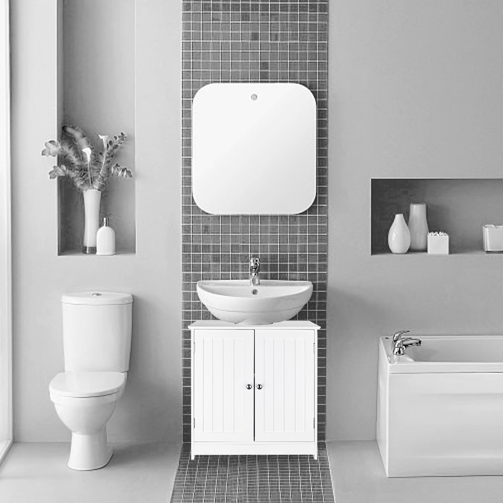 HAOYYE Bathroom Sink Cabinet with Storage Shelves and Doors White Modern Freestanding Vanity Organizer for Toilet and Washroom Space Saving Furniture for Home and Apartment
