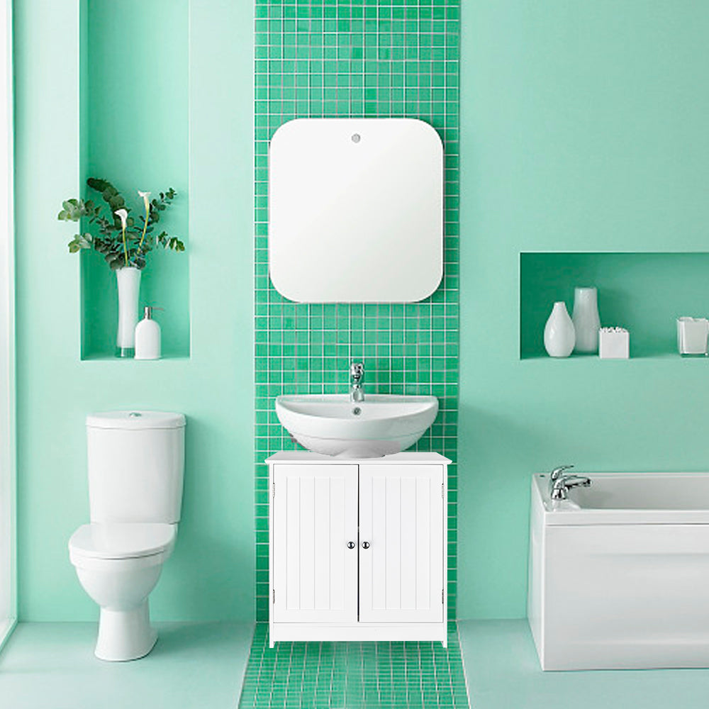 HAOYYE Bathroom Sink Cabinet with Storage Shelves and Doors White Modern Freestanding Vanity Organizer for Toilet and Washroom Space Saving Furniture for Home and Apartment