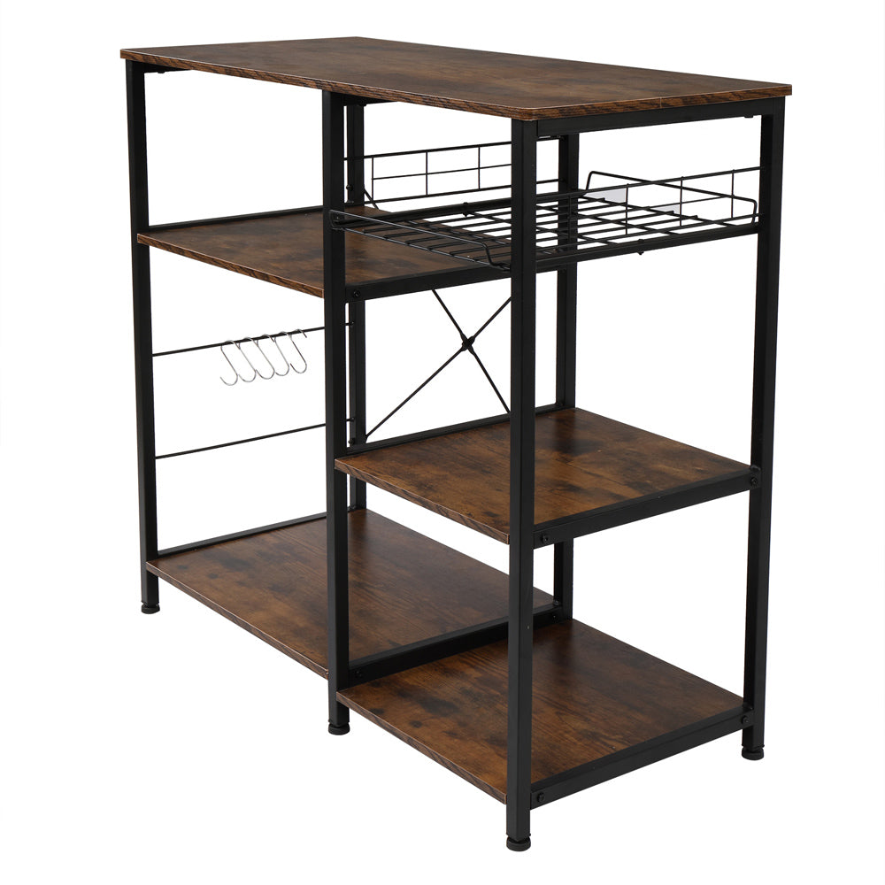 HAOYYE Industrial Kitchen Baker's Rack Microwave Oven Stand with Storage Shelves and Side Hooks, Vintage Utility Workstation Shelf for Kitchen Dining Room Apartment Pantry Home Office