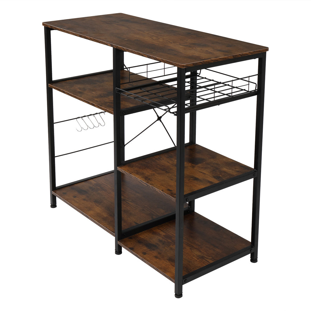 HAOYYE Industrial Kitchen Baker's Rack Microwave Oven Stand with Storage Shelves and Side Hooks, Vintage Utility Workstation Shelf for Kitchen Dining Room Apartment Pantry Home Office