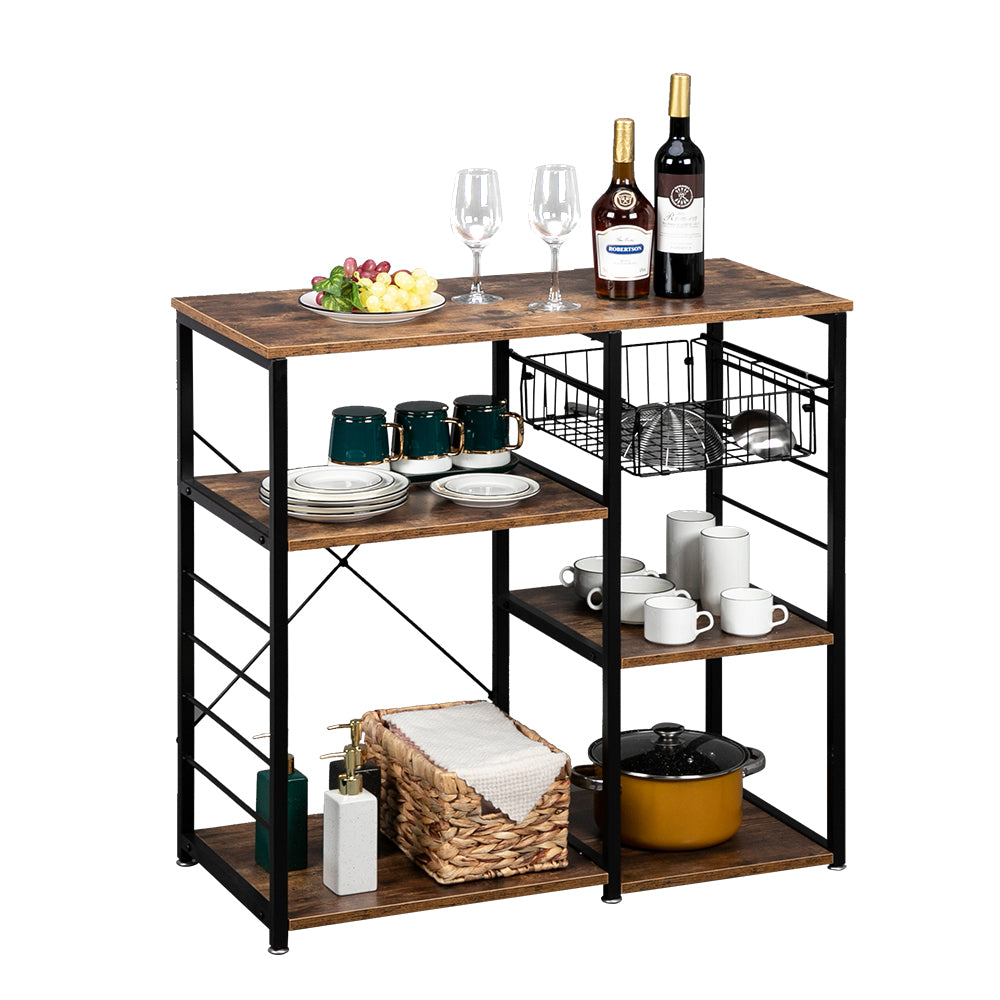 HAOYYE Industrial Kitchen Baker's Rack Microwave Oven Stand with Storage Shelves and Side Hooks, Vintage Utility Workstation Shelf for Kitchen Dining Room Apartment Pantry Home Office