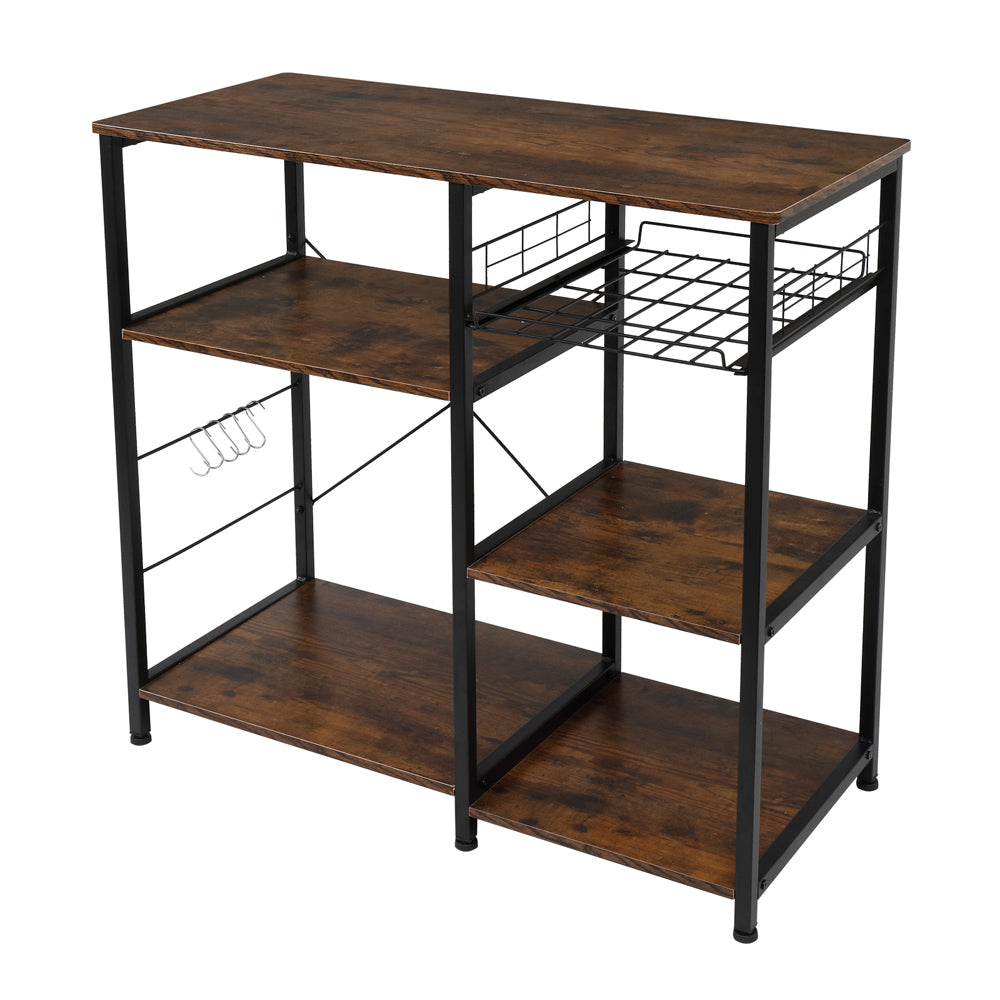 HAOYYE Industrial Kitchen Baker's Rack Microwave Oven Stand with Storage Shelves and Side Hooks, Vintage Utility Workstation Shelf for Kitchen Dining Room Apartment Pantry Home Office