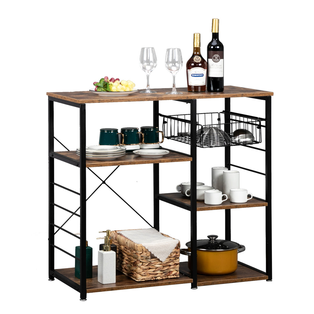 HAOYYE Industrial Kitchen Baker's Rack Microwave Oven Stand with Storage Shelves and Side Hooks, Vintage Utility Workstation Shelf for Kitchen Dining Room Apartment Pantry Home Office