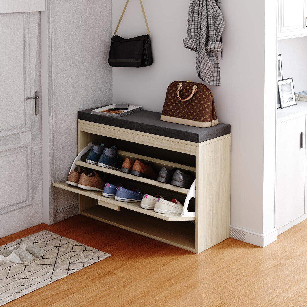 HAOYYE Rattan Shoe Rack, Hallway Shoe Bench, Shoe Cabinet with Flip-Drawer and Seat Cushion Sturdy Design Durable Multifunctional Modern Home Organizer Storage Solution Practical Stylish Space-Saving