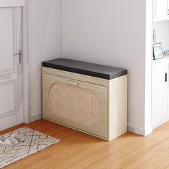 HAOYYE Rattan Shoe Rack, Hallway Shoe Bench, Shoe Cabinet with Flip-Drawer and Seat Cushion Sturdy Design Durable Multifunctional Modern Home Organizer Storage Solution Practical Stylish Space-Saving