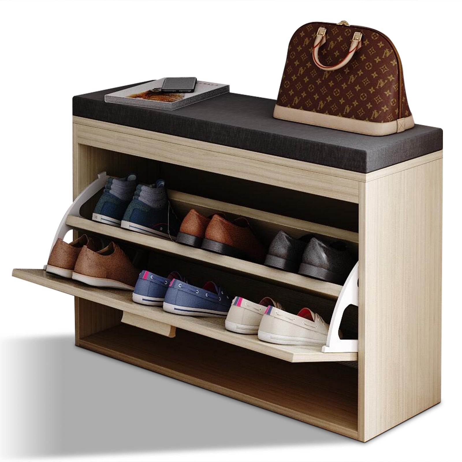 HAOYYE Rattan Shoe Rack, Hallway Shoe Bench, Shoe Cabinet with Flip-Drawer and Seat Cushion Sturdy Design Durable Multifunctional Modern Home Organizer Storage Solution Practical Stylish Space-Saving
